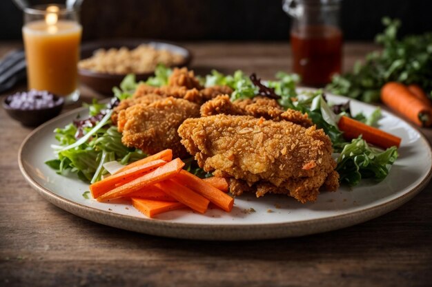 Foto trozo de pollo frito crujiente en un plato con ensalada y zanahoria generado ai