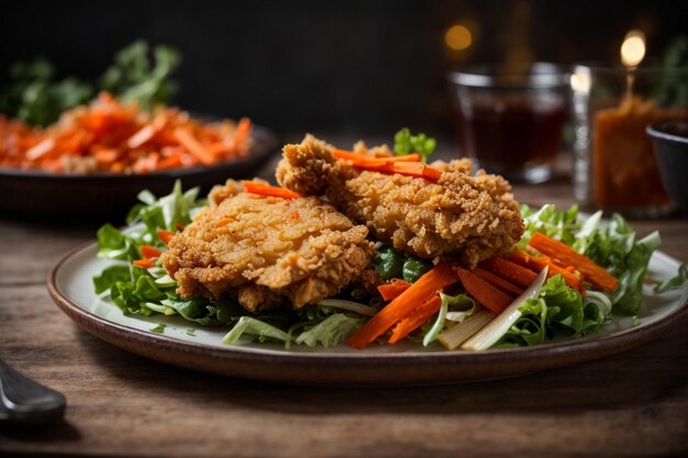 Foto trozo de pollo frito crujiente en un plato con ensalada y zanahoria generado ai