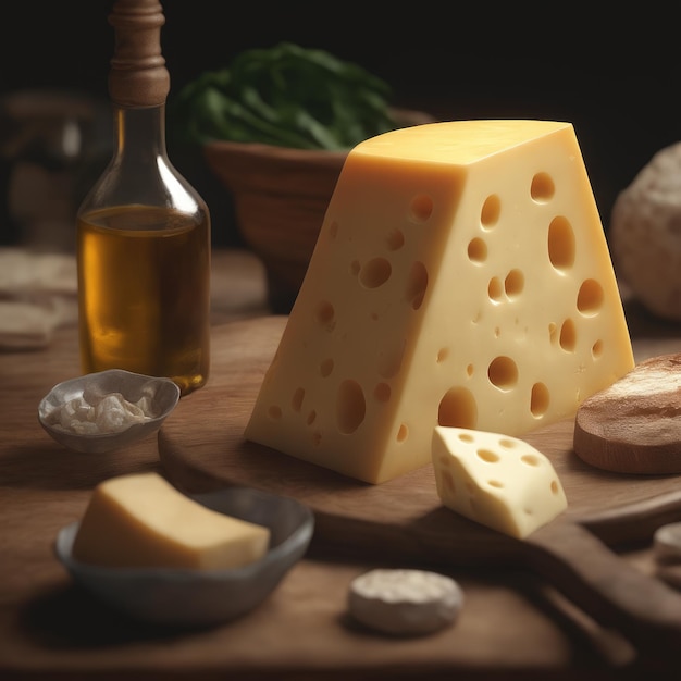 Un trozo de queso con agujeros sobre una mesa de madera