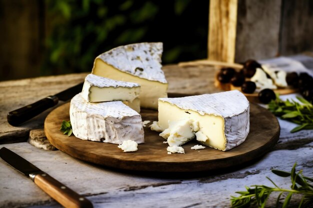 Un trozo de queso está sobre un plato de madera.