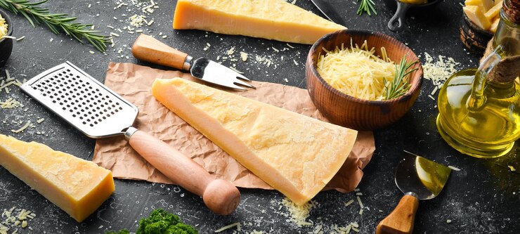 Trozo de queso parmesano y cuchillo de queso Sobre un fondo de piedra Queso italiano tradicional Vista superior Espacio libre para el texto