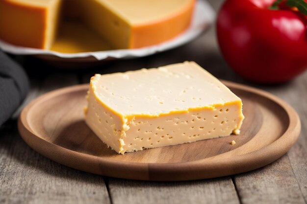 Un trozo de queso en un plato de madera con una manzana roja al fondo.