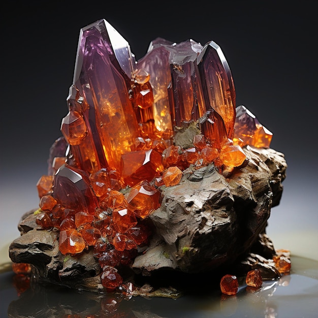 un trozo de roca de lava con un trozo de vidrio que dice cuarzo