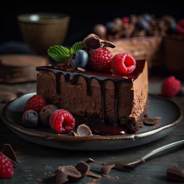 Trozo de tarta de chocolate con frambuesas frescas, arándanos y chocolate IA generativa