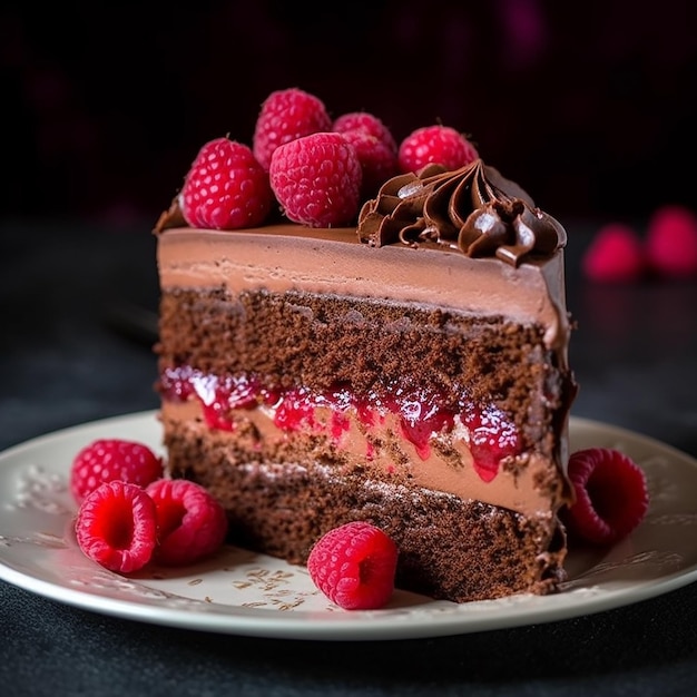 un trozo de tarta de chocolate con frambuesas.