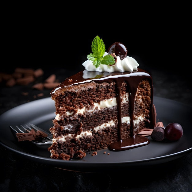 un trozo de tarta de chocolate relleno de nata