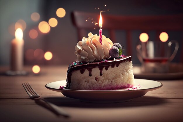 Un trozo de tarta de cumpleaños con una vela encima