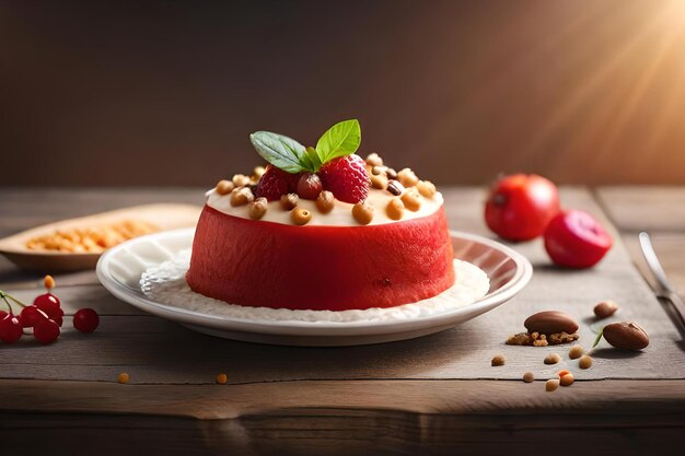 Un trozo de tarta con frambuesas y nueces sobre una mesa de madera.