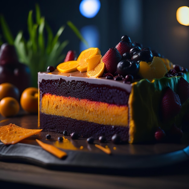 Un trozo de tarta con fruta