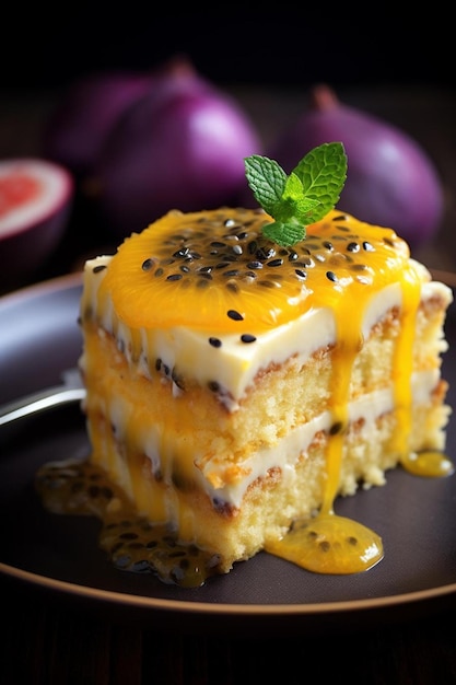 un trozo de tarta con una hoja de menta encima