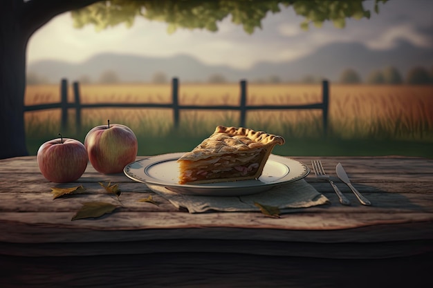 Un trozo de tarta de manzana casera en una mesa de madera antigua en un huerto de manzanas