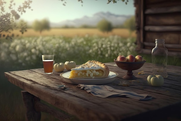 Un trozo de tarta de manzana casera en una mesa de madera antigua en un huerto de manzanas