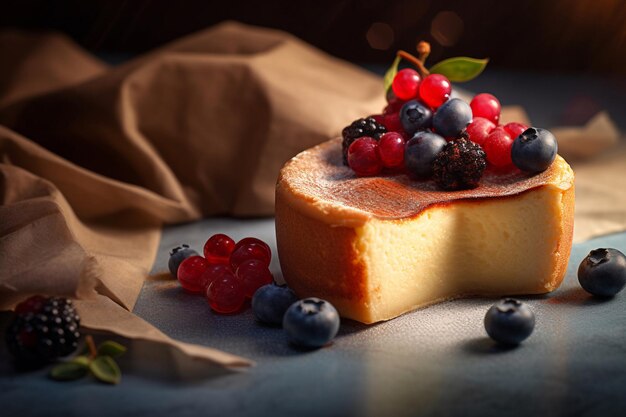 Un trozo de tarta de queso con bayas encima