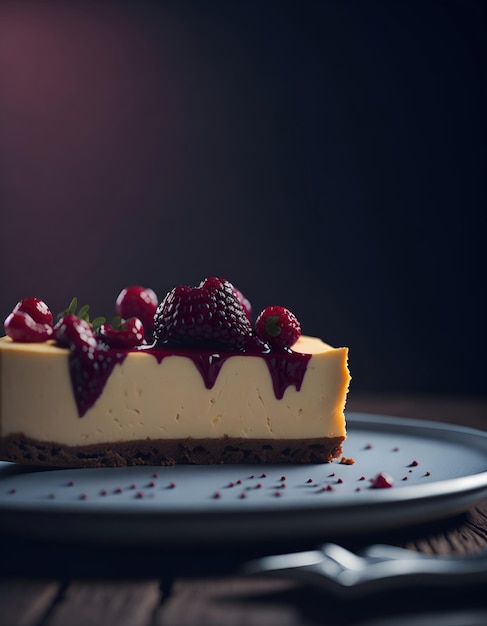 Un trozo de tarta de queso con bayas un fondo borroso IA generativa