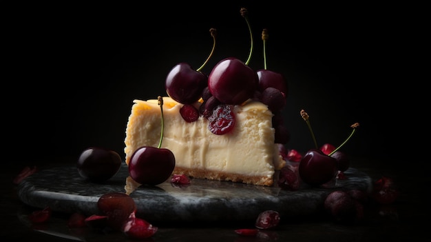 Un trozo de tarta de queso con cerezas encima