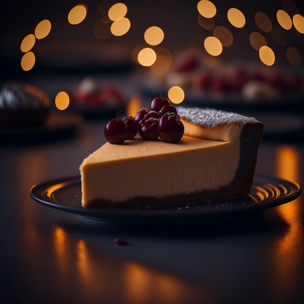 Un trozo de tarta de queso con cerezas encima