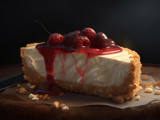 Un trozo de tarta de queso con cerezas encima