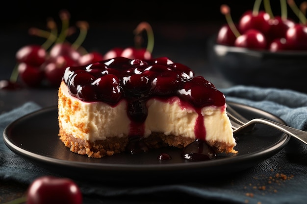 Un trozo de tarta de queso con cerezas y salsa de arándanos en un plato.