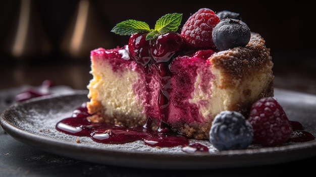 Un trozo de tarta de queso con frambuesas y arándanos encima