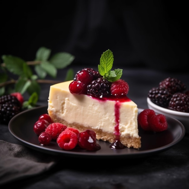 Un trozo de tarta de queso con frambuesas encima y un plato negro con fondo negro.