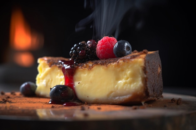 Un trozo de tarta de queso francés con bayas encima