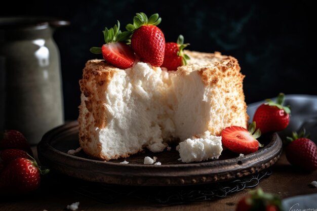 Un trozo de tarta de queso con fresas encima