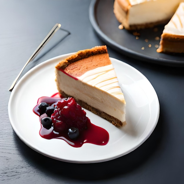 Un trozo de tarta de queso con salsa roja