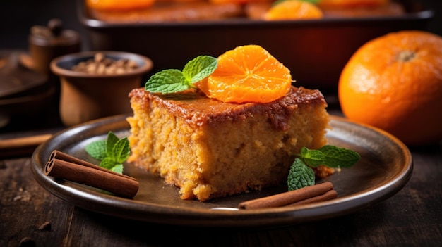 Un trozo de tarta con rodajas de naranja encima