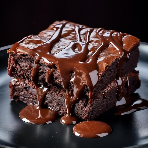 un trozo de tarta con salsa de chocolate y un remolino blanco encima.