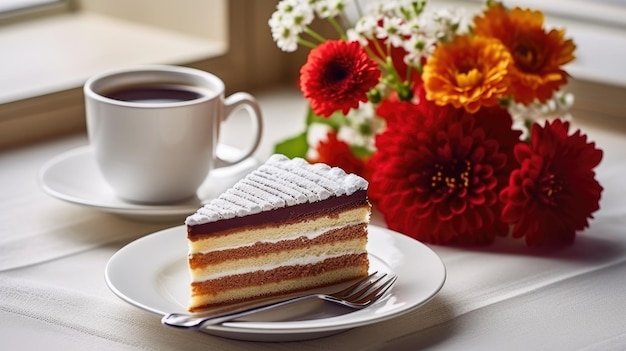Un trozo de tarta con una taza de café y flores de fondo
