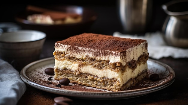 Un trozo de tiramisú con pepitas de chocolate encima