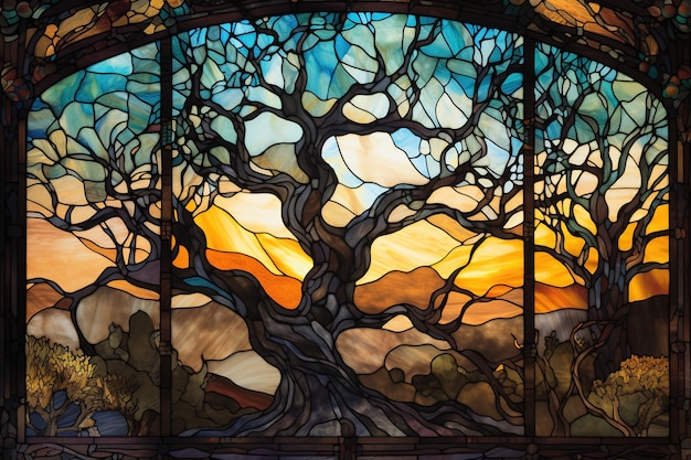 un trozo de vidriera que representa un árbol dentro de la ventana