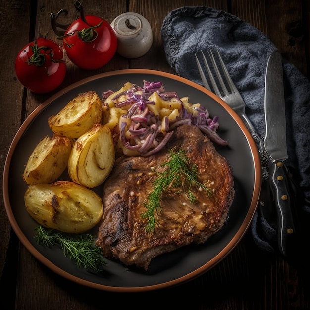 Trozos de bistec de carne con papas fritas