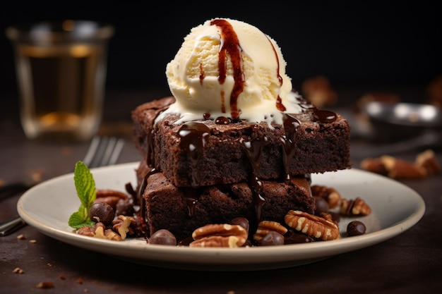 Foto trozos de brownie con helado de vainilla servido con té negro