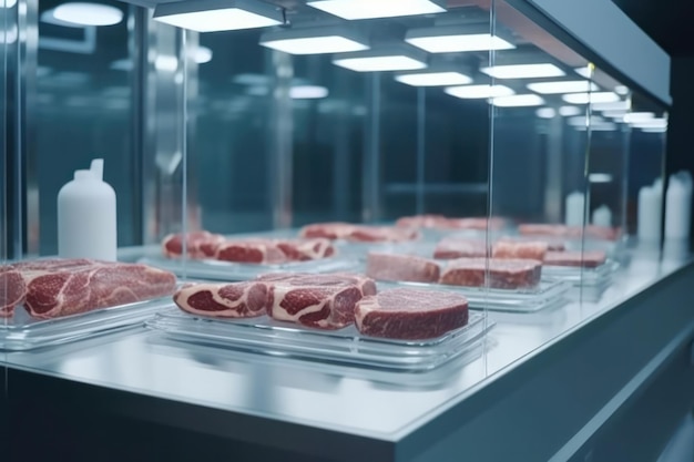 Trozos de carne cruda cultivada en laboratorio en recipientes de vidrio con iluminación brillante