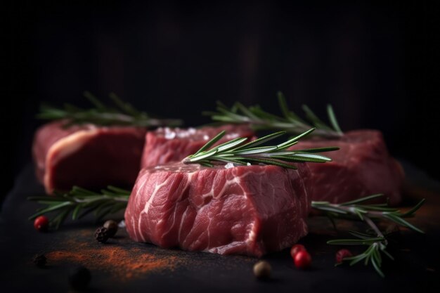 Trozos de carne fresca con romero en un fondo negro