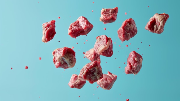 Foto trozos de carne sobre un fondo azul.