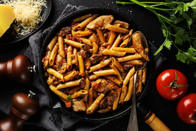 Trozos de cerdo rellenos de pasta penne