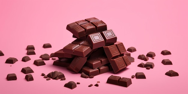 Trozos de chocolate aislado sobre fondo rosa Deliciosa barra de chocolate IA generativa