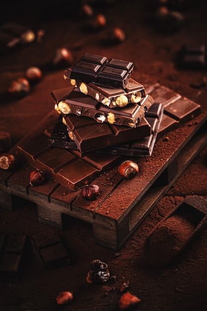 Foto trozos de chocolate con avellanas