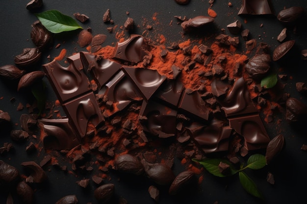 Trozos de chocolate negro triturados y granos de cacao Creado con tecnología de IA generativa