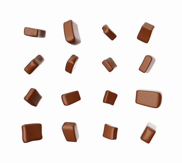 Trozos de chocolate y piezas cayendo sobre fondo blanco ilustración 3d