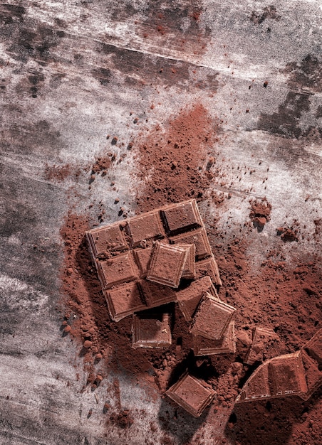 Trozos de chocolate rotos y cacao en polvo sobre fondo de madera