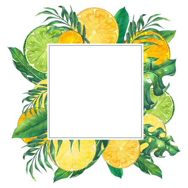 Trozos de cítricos de clementina naranja lima limón con hojas de palmeras tropicales Marco cuadrado de ilustración acuarela Para decoración y diseño de menús bares cafés invitaciones postales