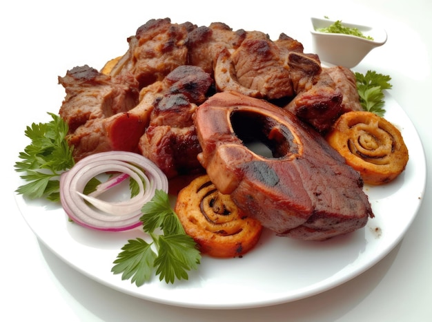 Trozos de cordero a la parrilla con cebollas, cilantro y tomates