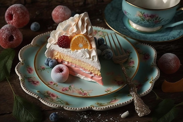 Trozos de delicioso pastel de merengue brillante en platillo