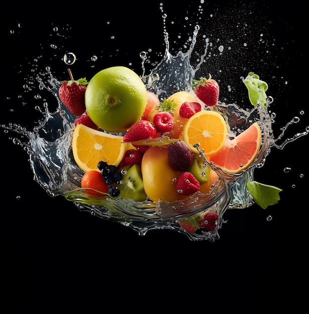 Trozos de fruta con hojas de menta y cubitos de hielo cayendo en agua salpicada