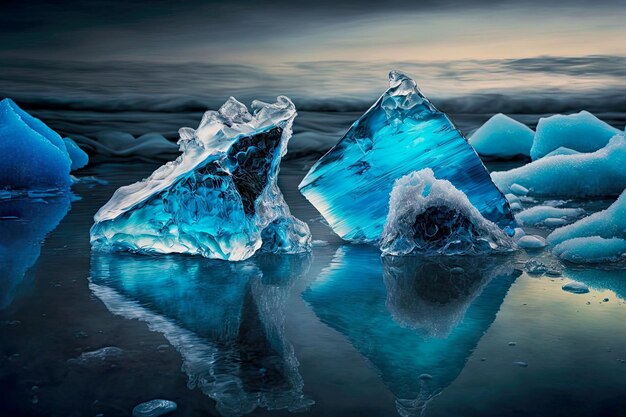 Trozos de hielo azul flotando en el agua cerca de la playa de islandia