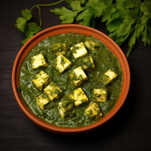 Trozos de paneer con rica salsa verde de Methi en un tazón con IA generativa