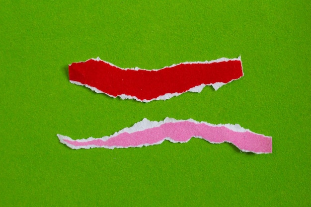 Trozos de papel rasgado rojo y rosa aislado sobre fondo verde
